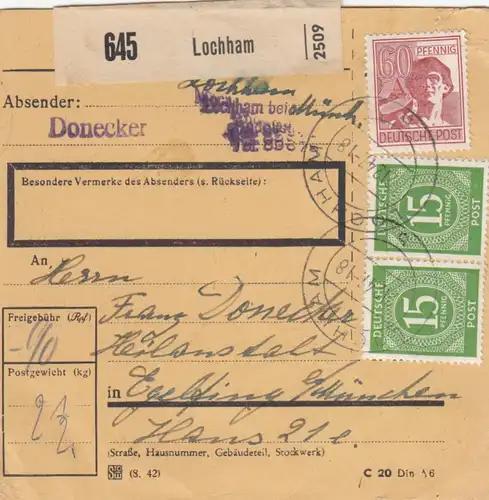 Paketkarte 1947: Lochham nach Eglfing, Heilanstalt