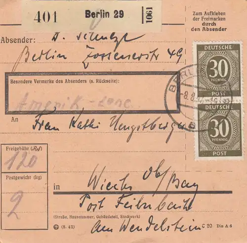 Paketkarte 1947: Berlin 29 nach Wiechs Post Feilnbach, Wendelstein