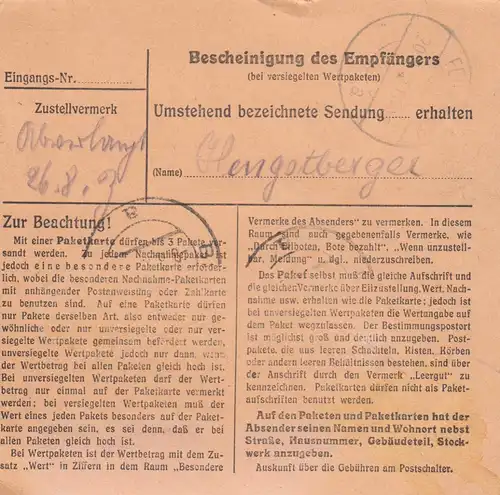 Carte de paquet 1947: Berlin 29 vers Wiechs Post Feilnbach, Wendelstein