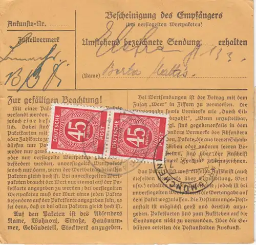 Paketkarte 1948: Marktleugast nach Ottendichl, Wertkarte, Selbstbucher