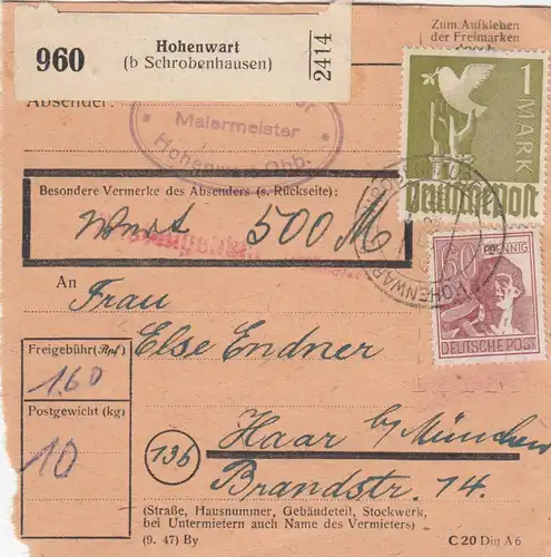 Paketkarte 1948: Hohenwart nach Haar bei München