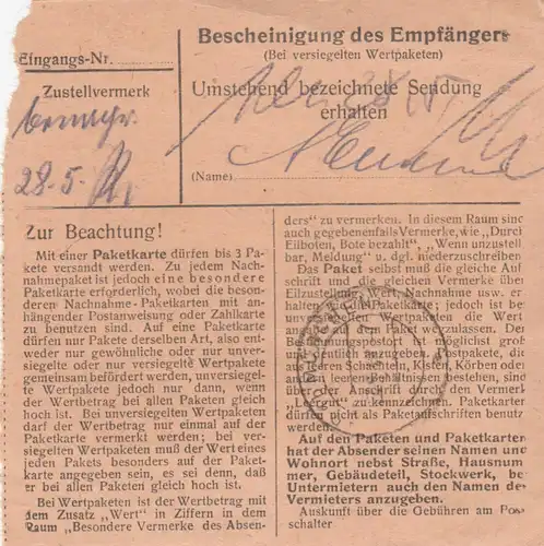 Paketkarte 1948: Hohenwart nach Haar bei München