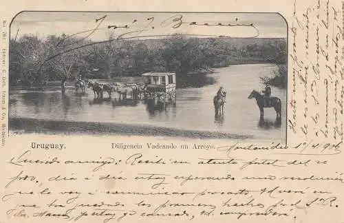 Uruguay 1906: post card MontevideoDiligencia Vadeando un Arroyo to Buenos Aires