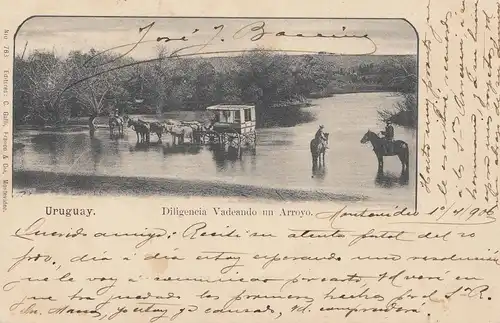 Uruguay 1906: post card MontevideoDligencia Vadeando un Arroyo to Buenos Aires
