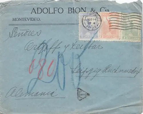 Uruguay 1921: letter Montevideo to Leipzig, Tax