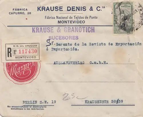 Uruguay 1921: registered Montevideo Krause & Granotich to Berlin