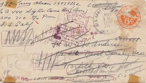USA 1945: California via US Army, US Navy ... to Norfolk, return to sender