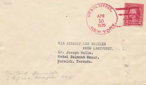 USA 1925: air mail service New York to Warwick, Hamilton Bermuda