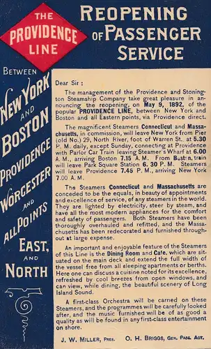 USA 1892: post card New York: Reopening of passenger Service: Providence line