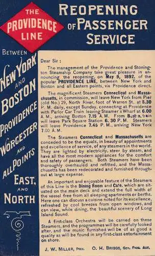 USA 1892: post card New York: Reopening of passger Service: Providence line