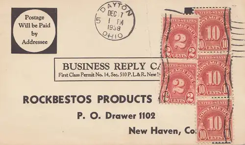 USA 1938: post card Daytton, Ohio to New Haven, Con. Business reply card