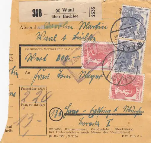 Carte de paquet 1948: Waal sur Buchloe par cheveux, carte de valeur