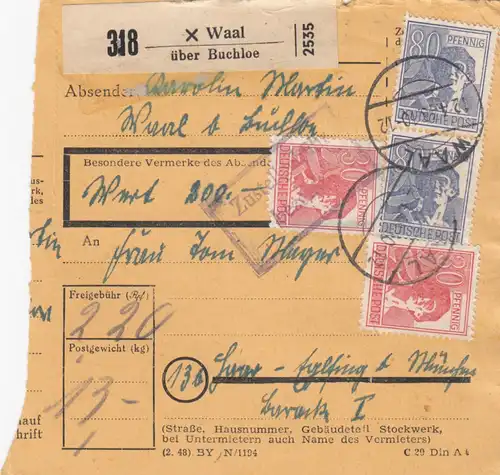 Paketkarte 1948: Waal über Buchloe nach Haar, Wertkarte