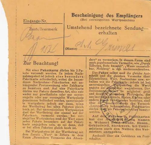 Carte de paquet 1948: Waal sur Buchloe par cheveux, carte de valeur
