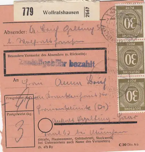 Carte de paquet 1948: Wolfratshausen a Eglfing Haar