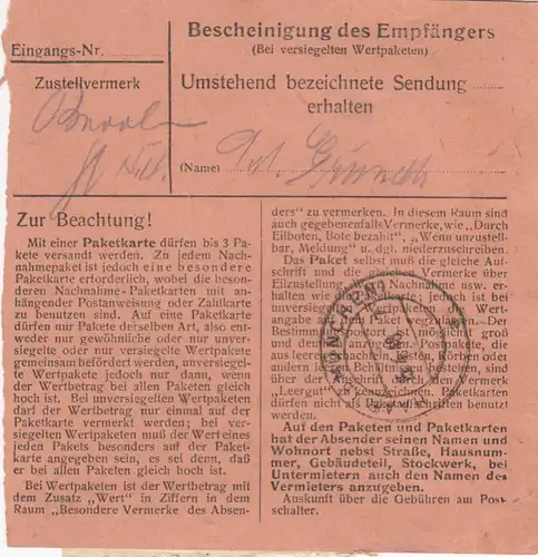 Paketkarte 1948: Wolfratshausen nach Eglfing Haar