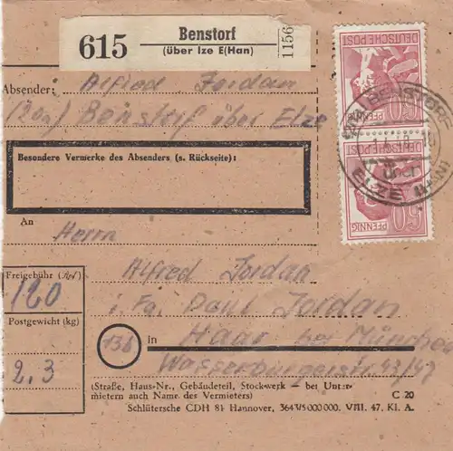 Carte de paquet 1948: Benstolf sur Ize E (Hannover) après Haar près de Munich