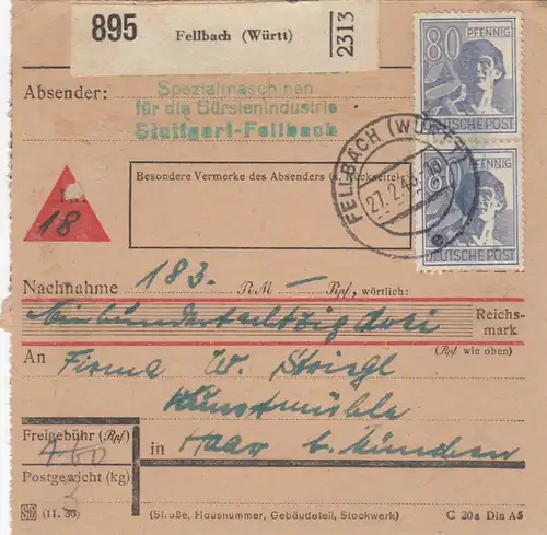 Carte de paquet 1948: Industrie des brosses Fellbach après cheveux, réduction
