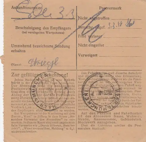 Paketkarte 1948: Bürstenindustrie Fellbach nach Haar, Nachnahme