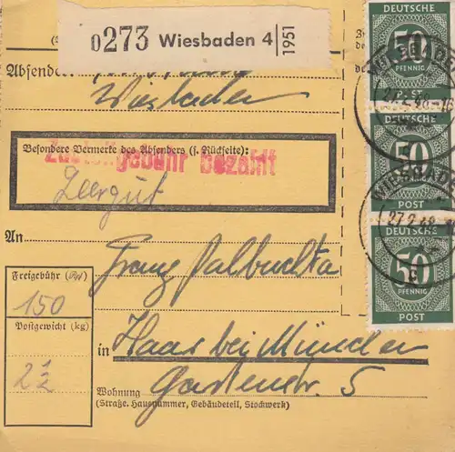 Paketkarte 1948: Wiesbaden nach Haar, Leergut