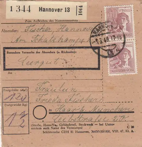 Paketkarte 1948: Hannover nach Haar b. München, Leergut