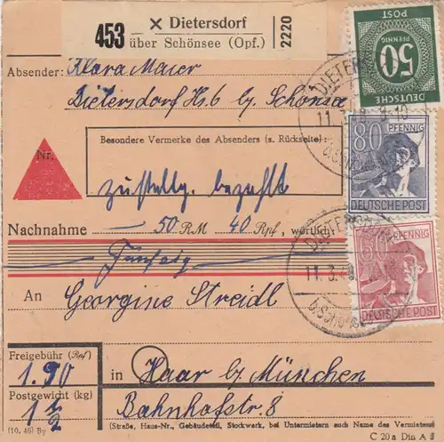 Paketkarte 1948: Dietersdorf nach Haar, Nachnahme