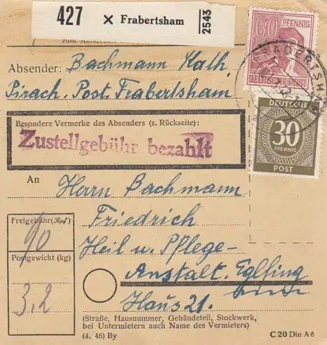 Carte de paquet 1948: Frabertsham Pirach vers Antall Eglfing