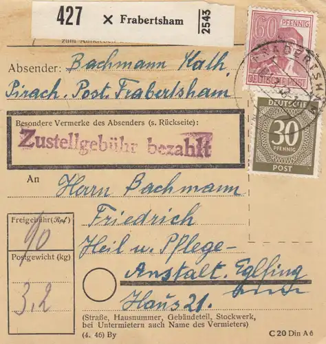 Paketkarte 1948: Frabertsham Pirach nach Anstalt Eglfing