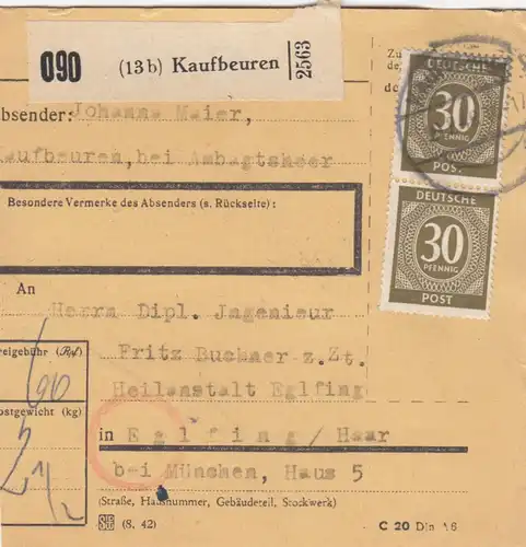 Paketkarte 1948: Kaufbeuren nach Heilanstalt Eglfing Haar