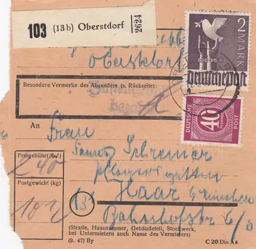 Carte de paquet 1948: Oberstdorf par Haar