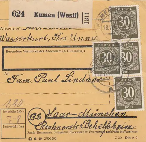Carte de paquet 1947: Kamen Kreis Unna après les cheveux
