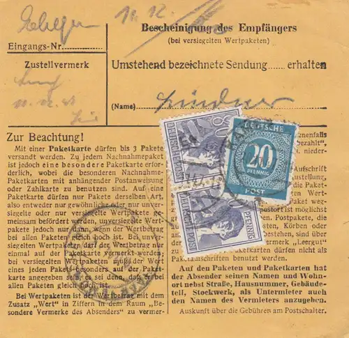 Paketkarte 1947: Kamen Kreis Unna nach Haar