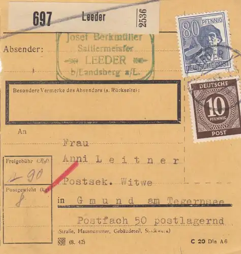 Carte de paquet 1947: Leeder, maître de sattler à Gmund, Postsek. Veuve