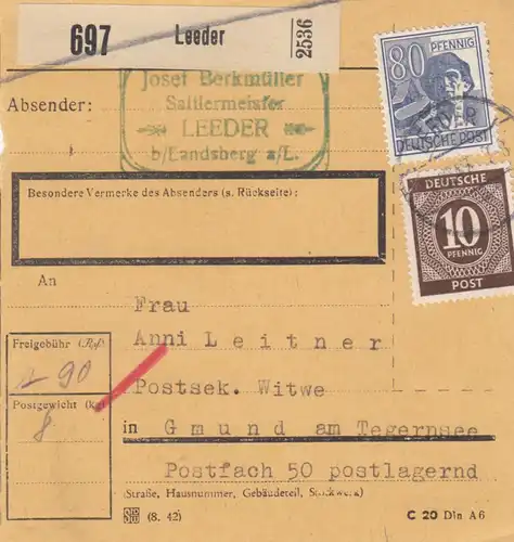 Paketkarte 1947: Leeder, Sattlermeister nach Gmund, Postsek. Witwe