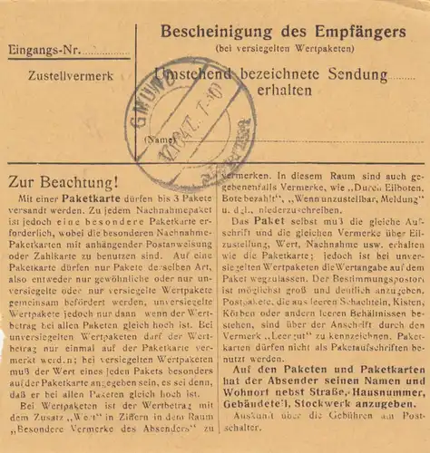 Carte de paquet 1947: Leeder, maître de sattler à Gmund, Postsek. Veuve