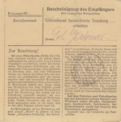 Carte de paquet 1948: Pirach Frabertsham d'après Eglfing, asile