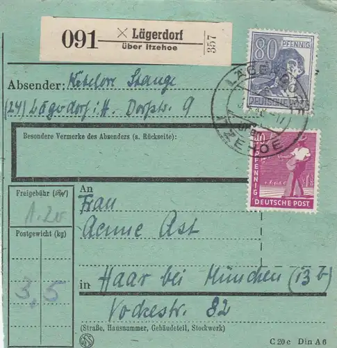Carte de paquet 1948: Lägerdorf par Haar, formulaire spécial