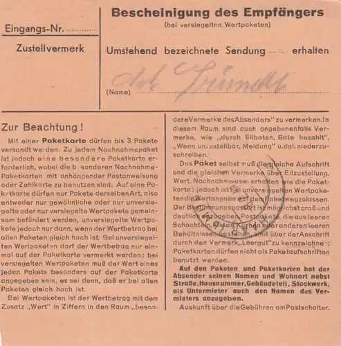 Paketkarte 1948: Neunkirchen über Aglasterhausen nach Eglfing