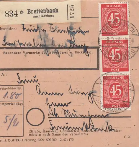 Carte de paquet 1948: Breitenbach am Herzberg vers Haar