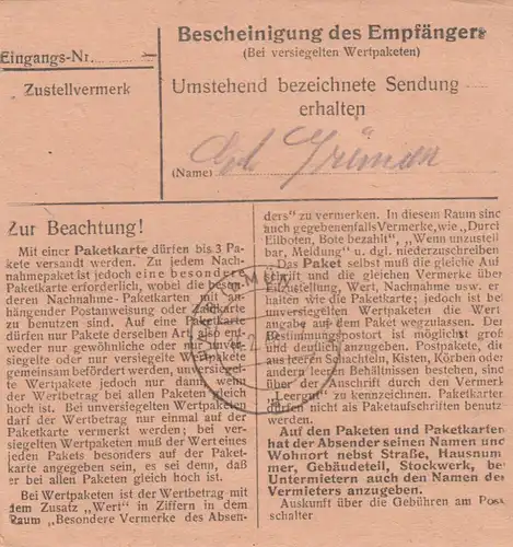 Paketkarte 1948: Arnstorf (Niederbay.) nach Haar