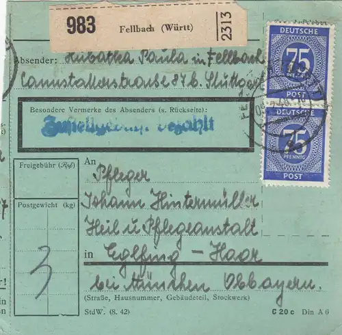 Carte de paquet 1948: Fellbach vers Eglfing-Haar, établissement, formulaire spécial