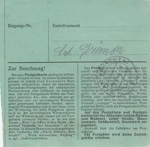 Carte de paquet 1948: Fellbach vers Eglfing-Haar, établissement, formulaire spécial