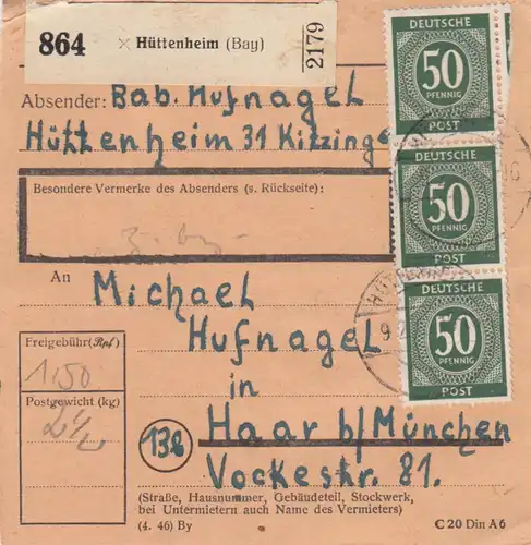 Carte de colis: Hüttenheim vers Haar bei Munich