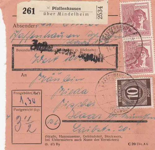 Carte de paquet 1948: Pfaffenhausen sur Mindelheim par cheveux, carte de valeur