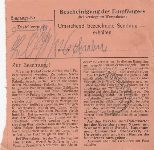 Carte de paquet 1948: Pfaffenhausen sur Mindelheim par cheveux, carte de valeur
