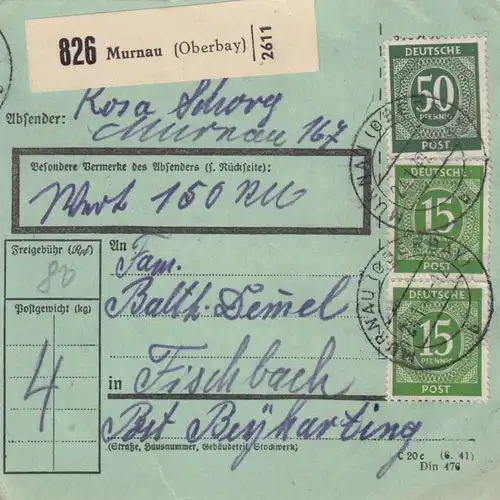 Carte de paquet 1947: Murnau vers Fischbach, formulaire spécial, carte de valeur