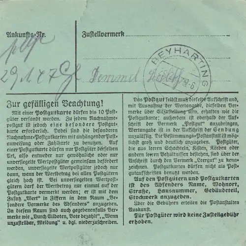 Carte de paquet 1947: Murnau vers Fischbach, formulaire spécial, carte de valeur