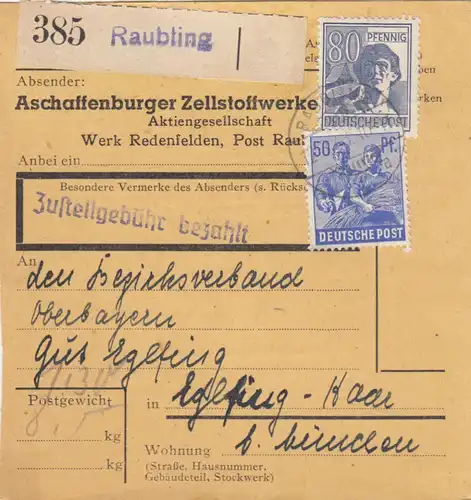 Paketkarte 1948: Redenfelden, Zellstoffwerke nach Eglfing, Selbstbucher