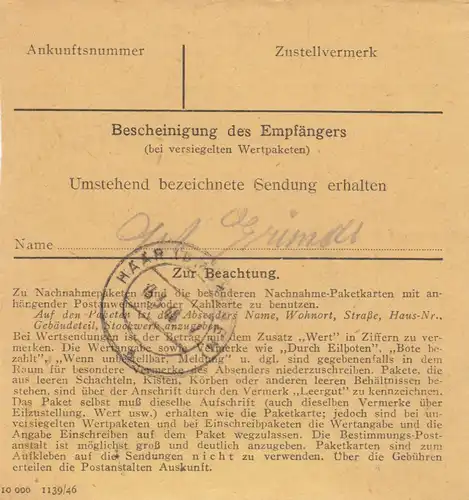 Carte de paquet 1948: Redenfelden, usines de pâte à papier d'après Eglfing, Auto-booker