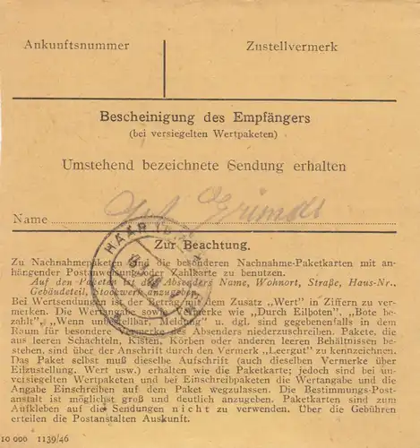 Paketkarte 1948: Redenfelden, Zellstoffwerke nach Eglfing, Selbstbucher